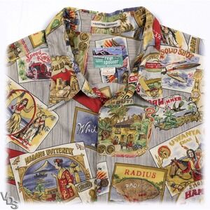 VTG Reyn Spooner Cigar Box Graphic All Over Egyptian Cotton Hawaiian Shirt USA L